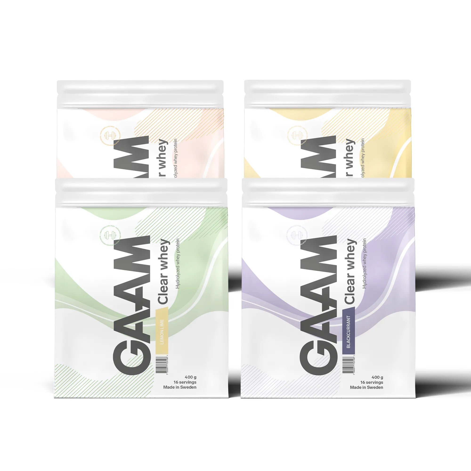 4 x GAAM Clear Whey 400 g proteinpulver i fire hvite poser med bølgete mønster i ulike pastellfarger.