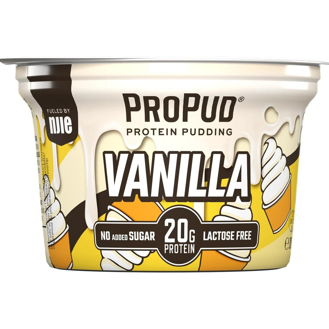 NJIE ProPud 200 g proteinpudding i et gult og hvitt beger med brune detaljer for smaken Vanilla., bilde 1 av 4
