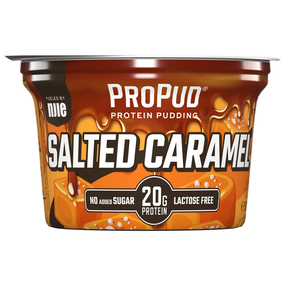 NJIE ProPud 200 g proteinpudding i et brunt og oransje beger med smaken Salted Caramel., bilde 2 av 4