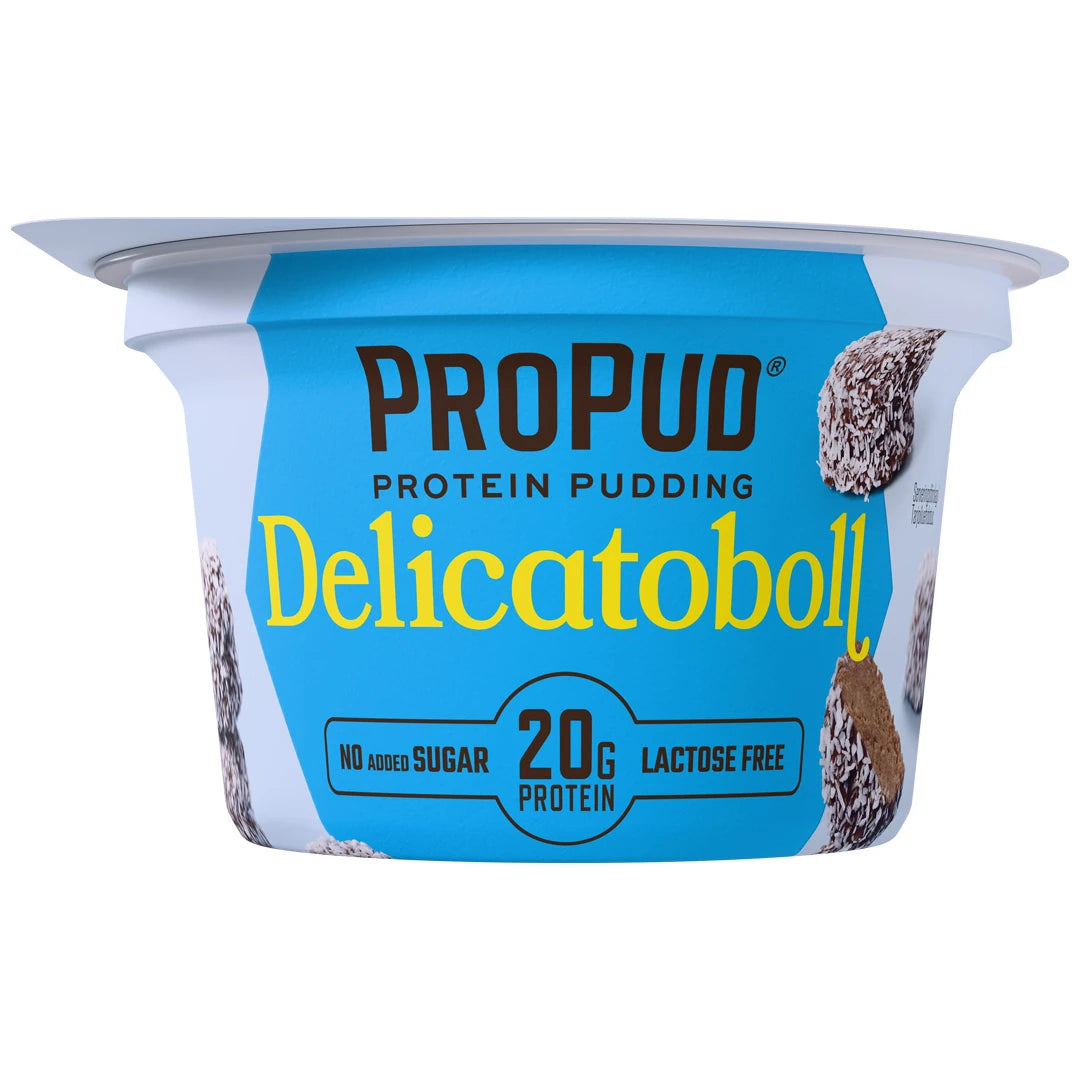 NJIE ProPud 200 g proteinpudding i et hvitt beger med lyseblå etikett for smaken Delicatoboll., bilde 3 av 4