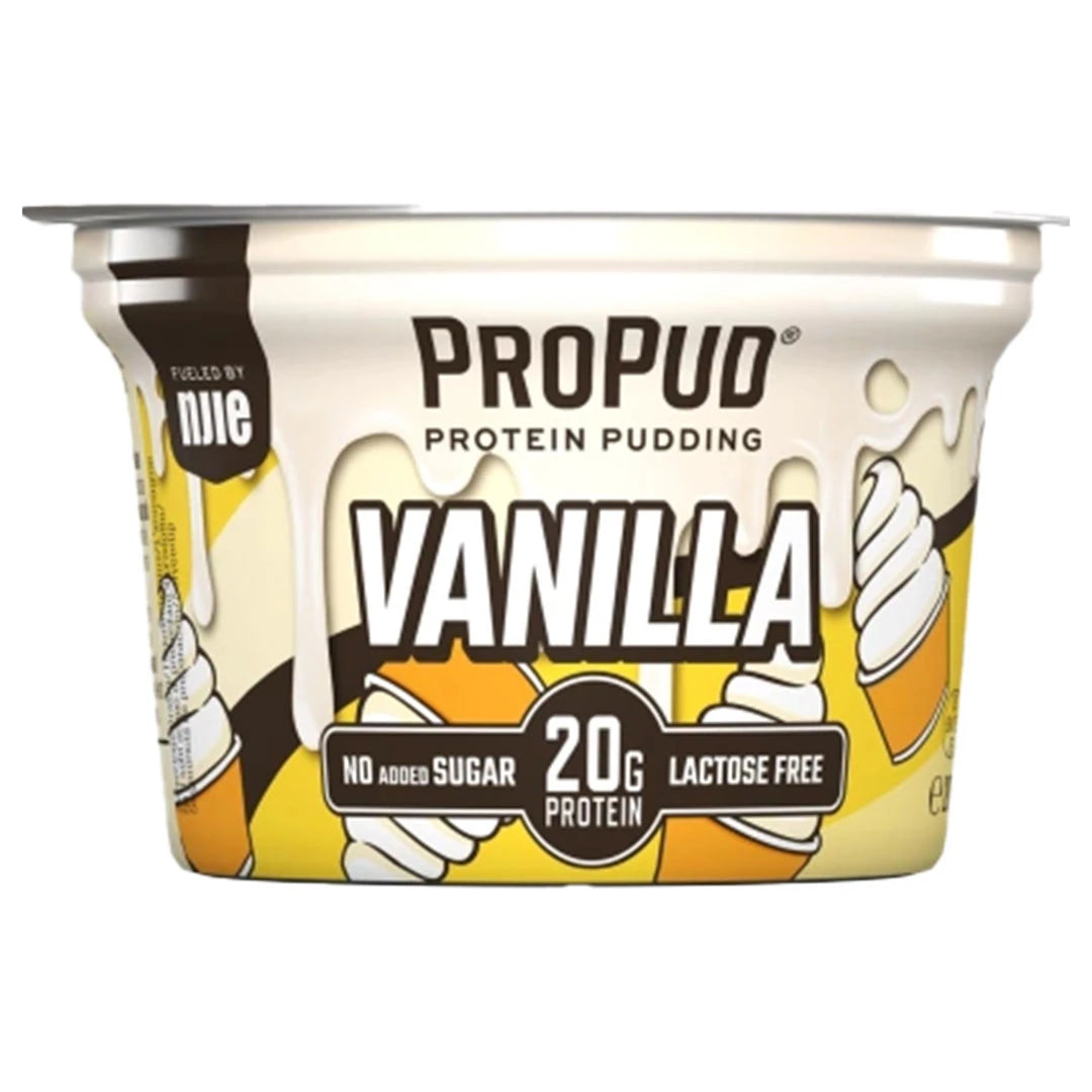 NJIE ProPud Chocolate 200 g proteinpudding i smaken Vanilla, pakket i et gult og hvitt plastbeger.