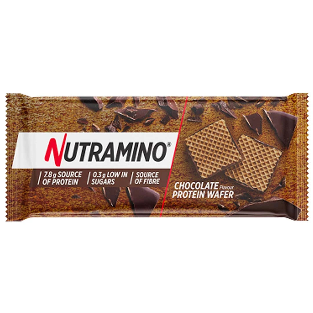 Nutramino Protein Wafer 39 g med sjokoladesmak, pakket i et brunt og hvitt omslag med motiv av kjeks.