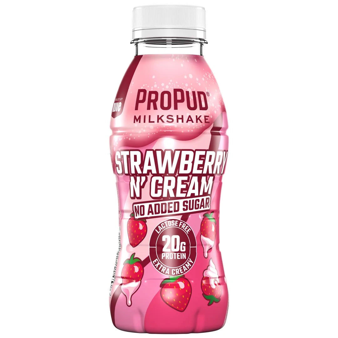 NJIE ProPud Protein Milkshake 330 ml i en rosa flaske med hvitt lokk for smaken Strawberry Cream.
