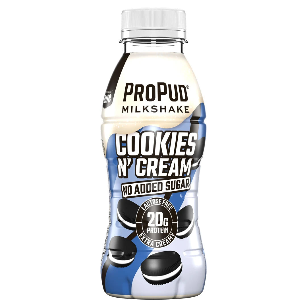 NJIE ProPud Protein Milkshake 330 ml i en hvit og lyseblå flaske med kjeksmotiv for smaken Cookies N' Cream., bilde 3 av 9
