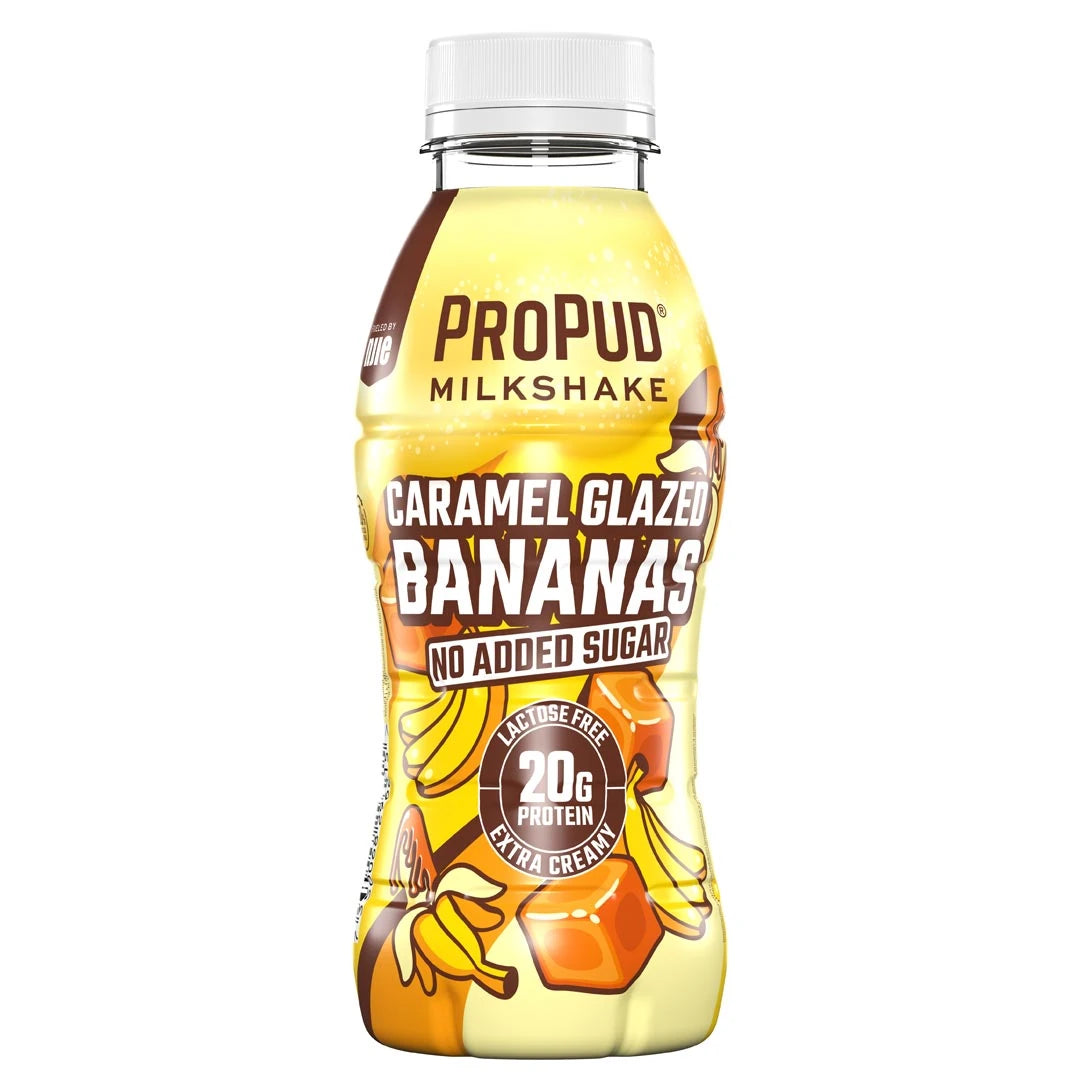 NJIE ProPud Protein Milkshake 330 ml i en gul plastflaske med brune detaljer for smaken Caramel Glazed Banana., bilde 4 av 9