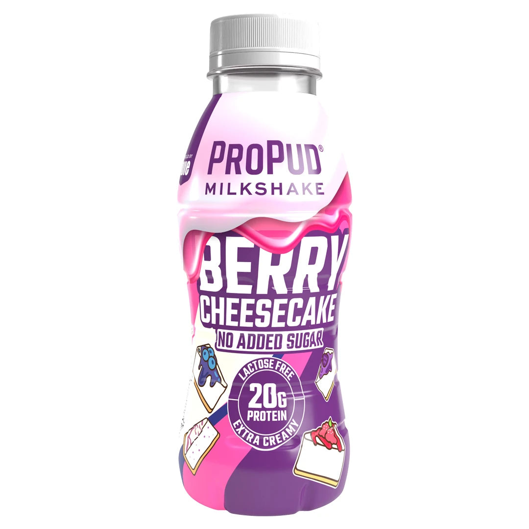 NJIE ProPud Protein Milkshake 330 ml i en plastflaske med rosa og lilla etikett for smaken Berry Cheesecake., bilde 5 av 9