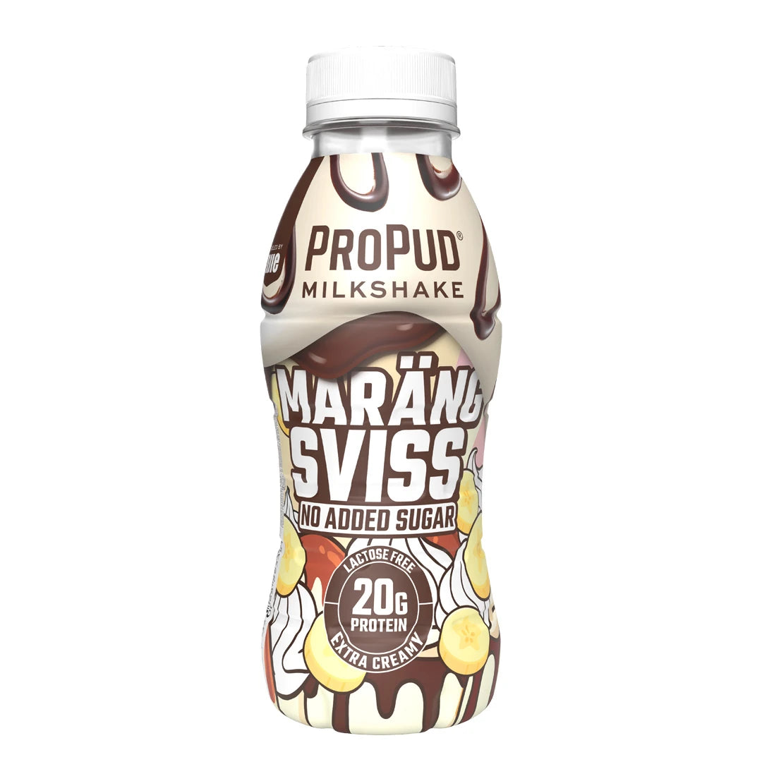 NJIE ProPud Protein Milkshake 330 ml i en flaske med sjokolade- og bananmønster for smaken Marängsviss., bilde 6 av 9