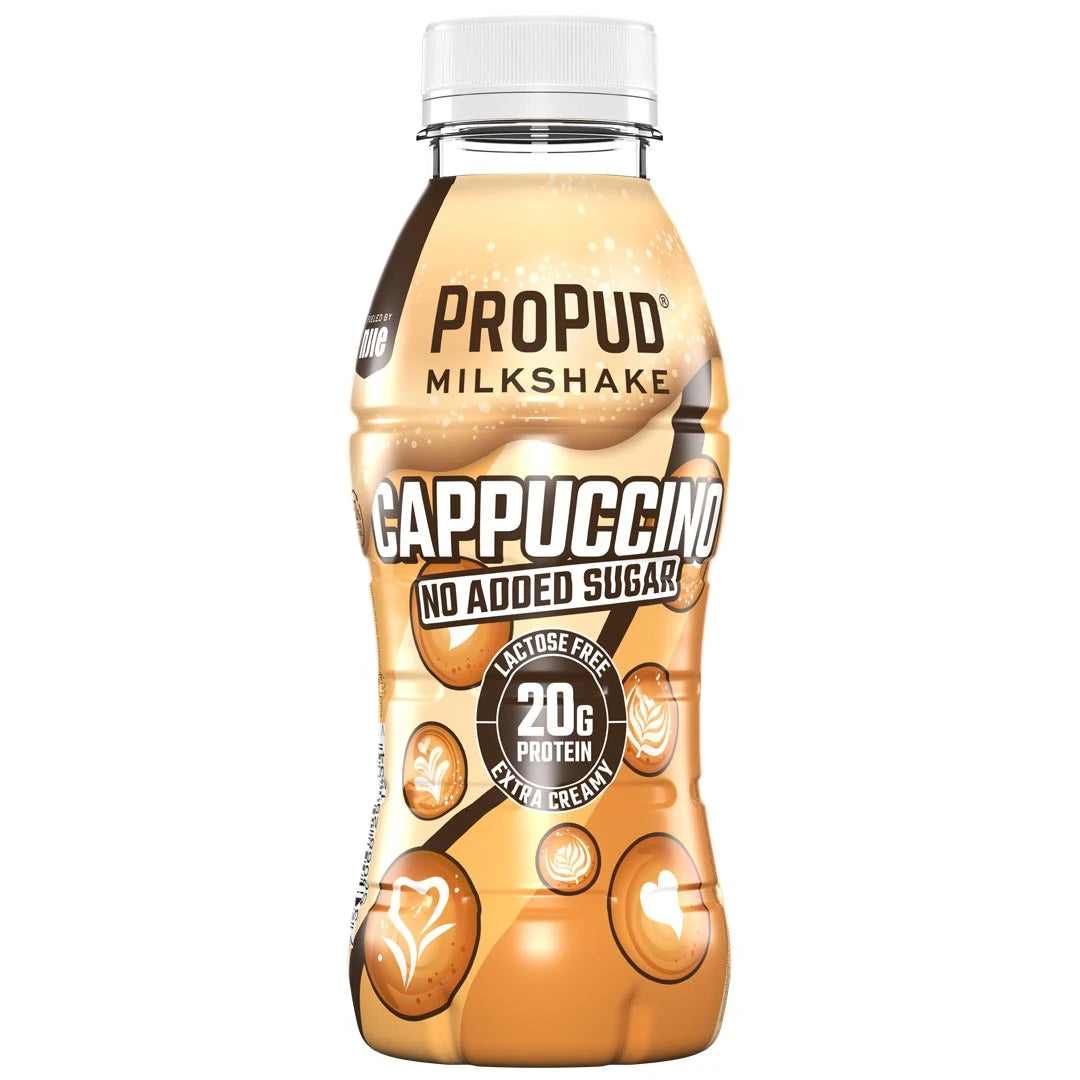 NJIE ProPud Protein Milkshake 330 ml i en beige flaske med kaffedetaljer og hvit kork for smaken Cappuccino., bilde 7 av 9