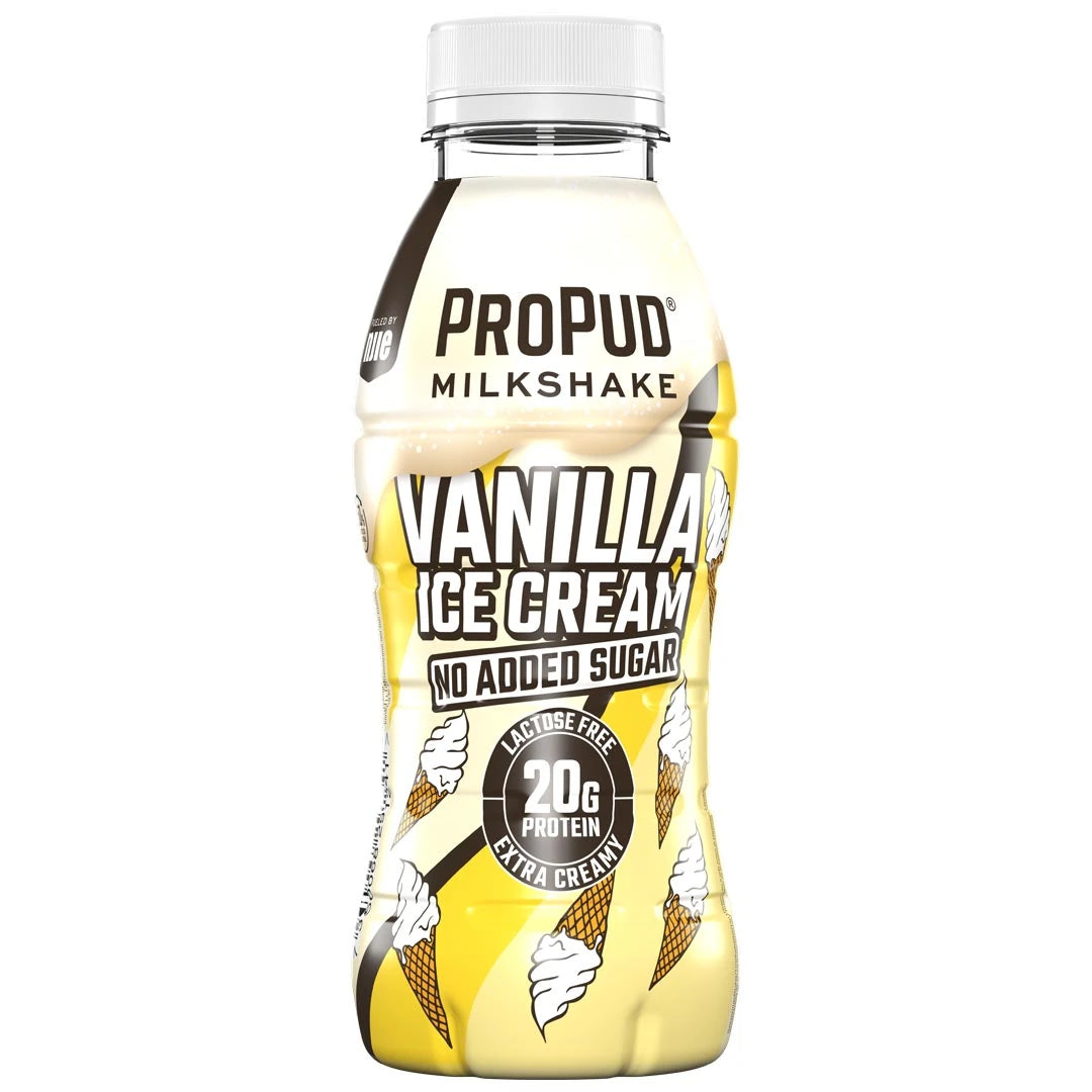 NJIE ProPud Protein Milkshake 330 ml i en gulhvit flaske med iskremmotiv for smaken Vanilla Ice Cream., bilde 8 av 9