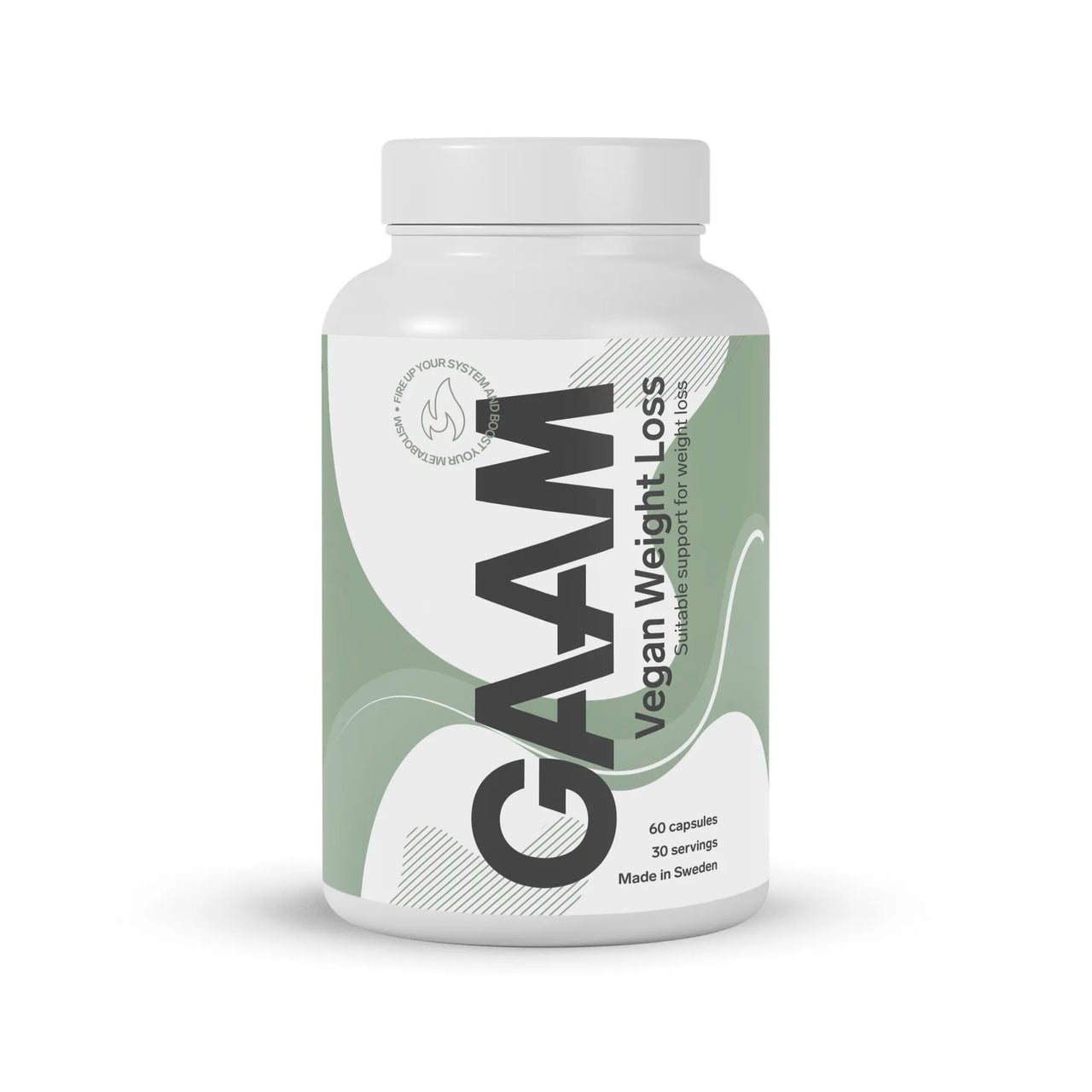 GAAM Vegan Weight loss 60 caps fettforbrenner pakket i en hvit plastboks med lysegrønne og hvite detaljer.