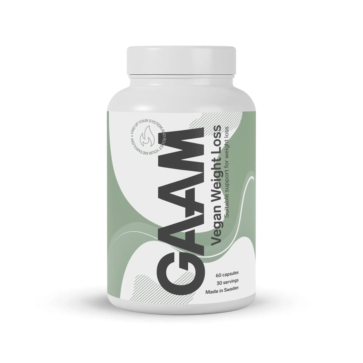 GAAM Vegan Weight loss 60 caps fettforbrenner pakket i en hvit plastboks med lysegrønne og hvite detaljer.