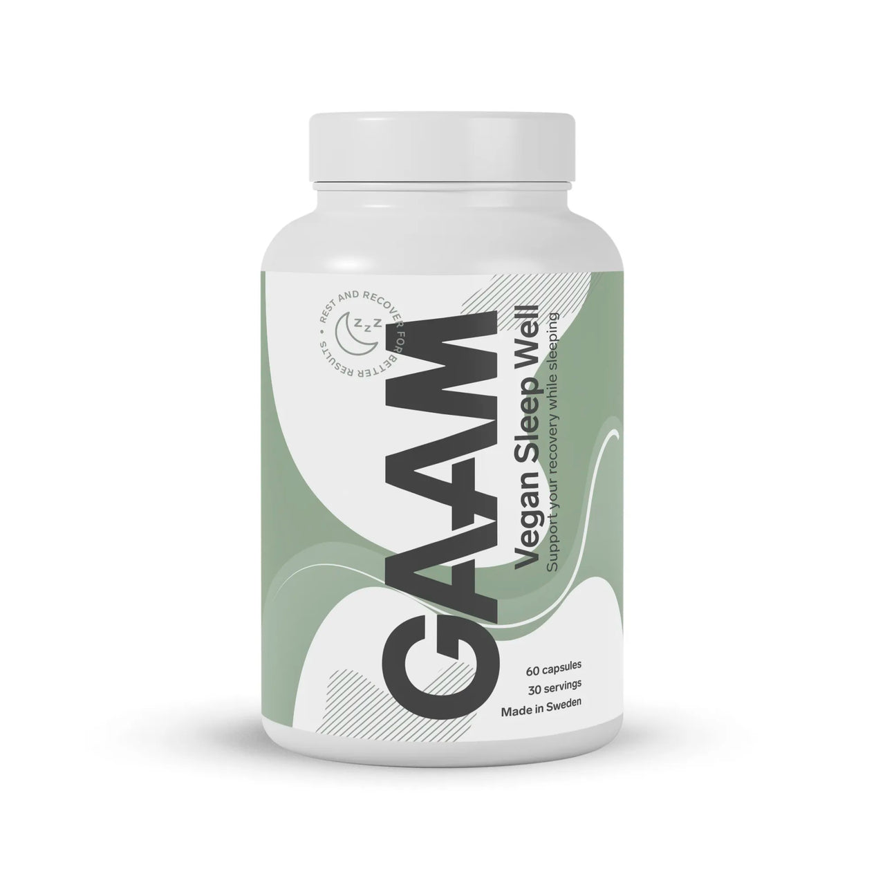 GAAM Vegan Sleep Well 60 caps, pakket i en hvit boks med grønne og grå detaljer for bedre søvn og restitusjon.