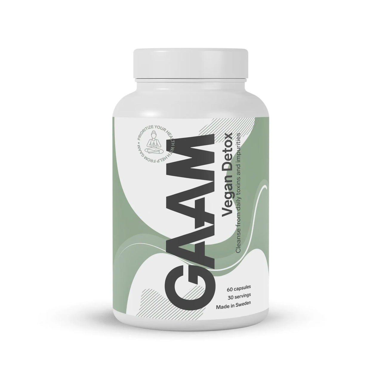 GAAM Vegan Detox 60 caps i en hvit plastboks med grønn og hvit etikett, et vegansk kosttilskudd for rensing.