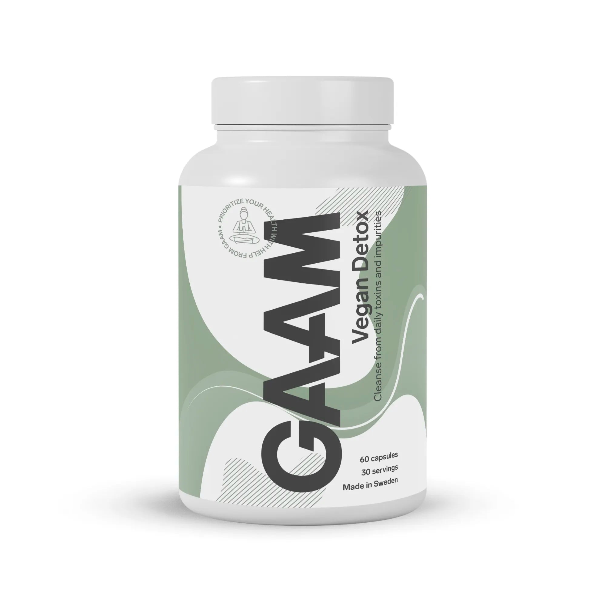 GAAM Vegan Detox 60 caps i en hvit plastboks med grønn og hvit etikett, et vegansk kosttilskudd for rensing.