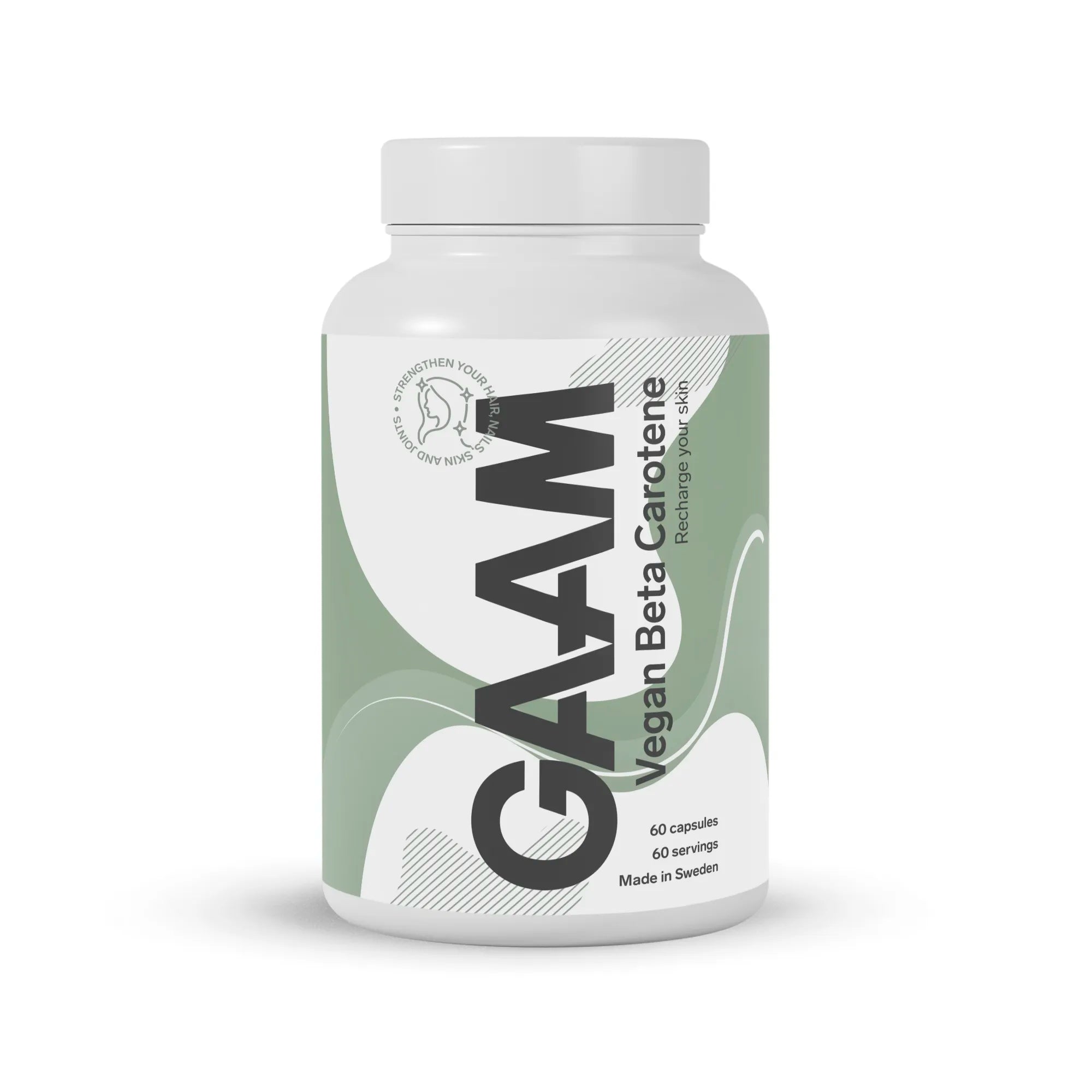 GAAM Vegan Beta Carotene 60 caps, et vegansk kosttilskudd i en hvit boks med grønne detaljer.