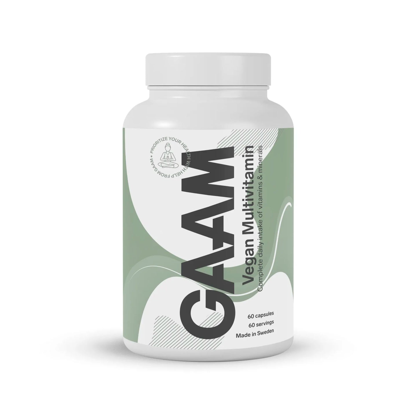 GAAM Vegan Multivitamin 60 caps kosttilskudd i en hvit plastboks med lysegrønn og hvit etikett.
