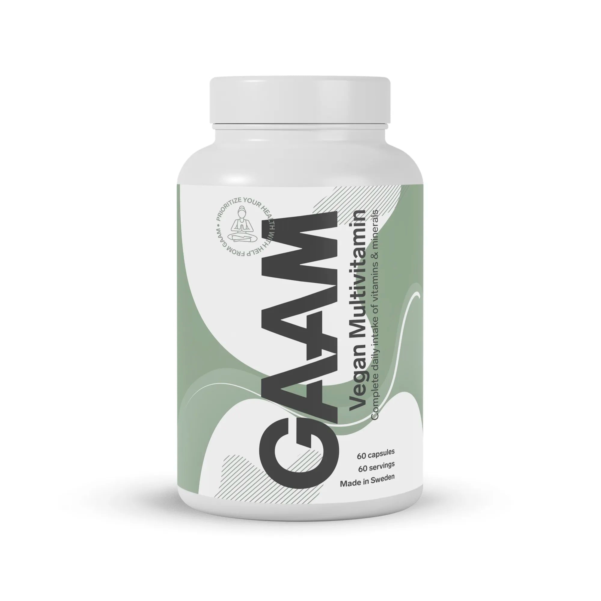 GAAM Vegan Multivitamin 60 caps kosttilskudd i en hvit plastboks med lysegrønn og hvit etikett.