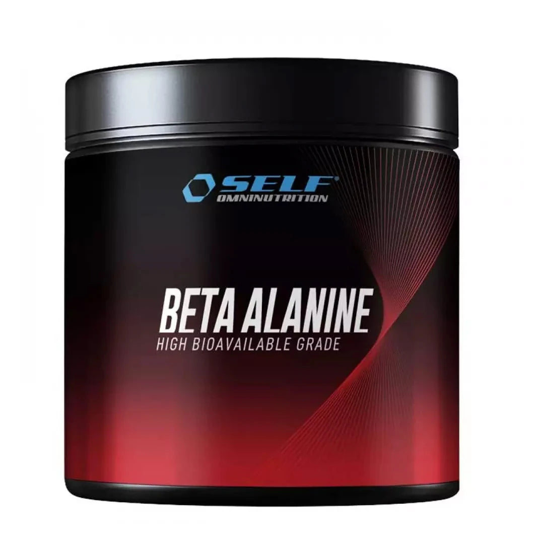 Self Omninutrition Beta-Alanine 200 g naturelt aminosyrepulver i en svart boks med røde detaljer.