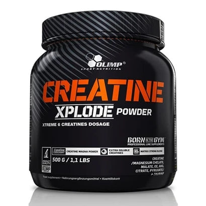 Olimp Creatine Xplode 500 g kreatinpulver pakket i en svart boks med oransje og hvite tekstdetaljer.