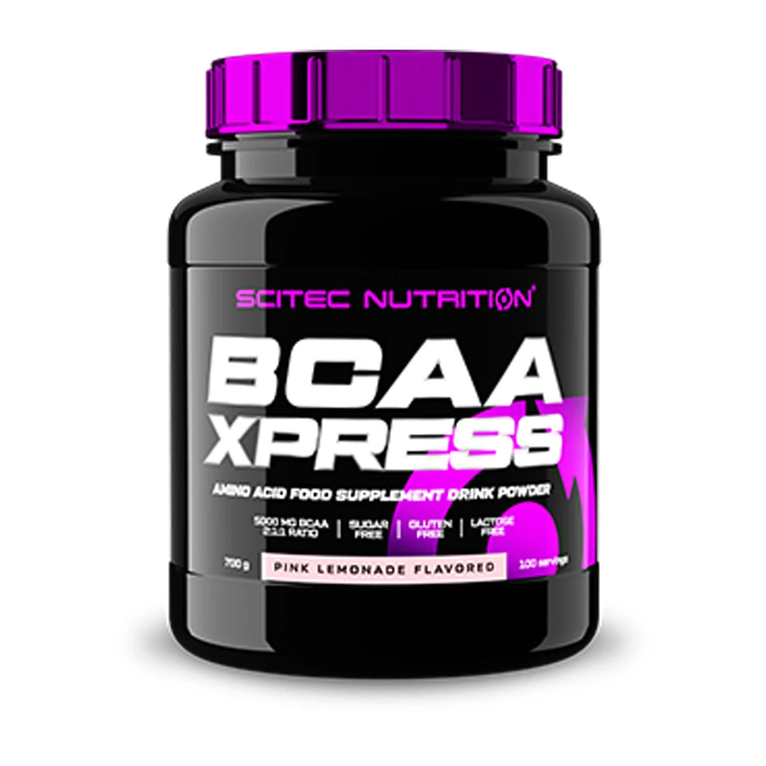 Svart boks med rosa lokk og detaljer for Scitec Nutrition BCAA Xpress 700 g aminosyrer i smaken Pink Lemonade.