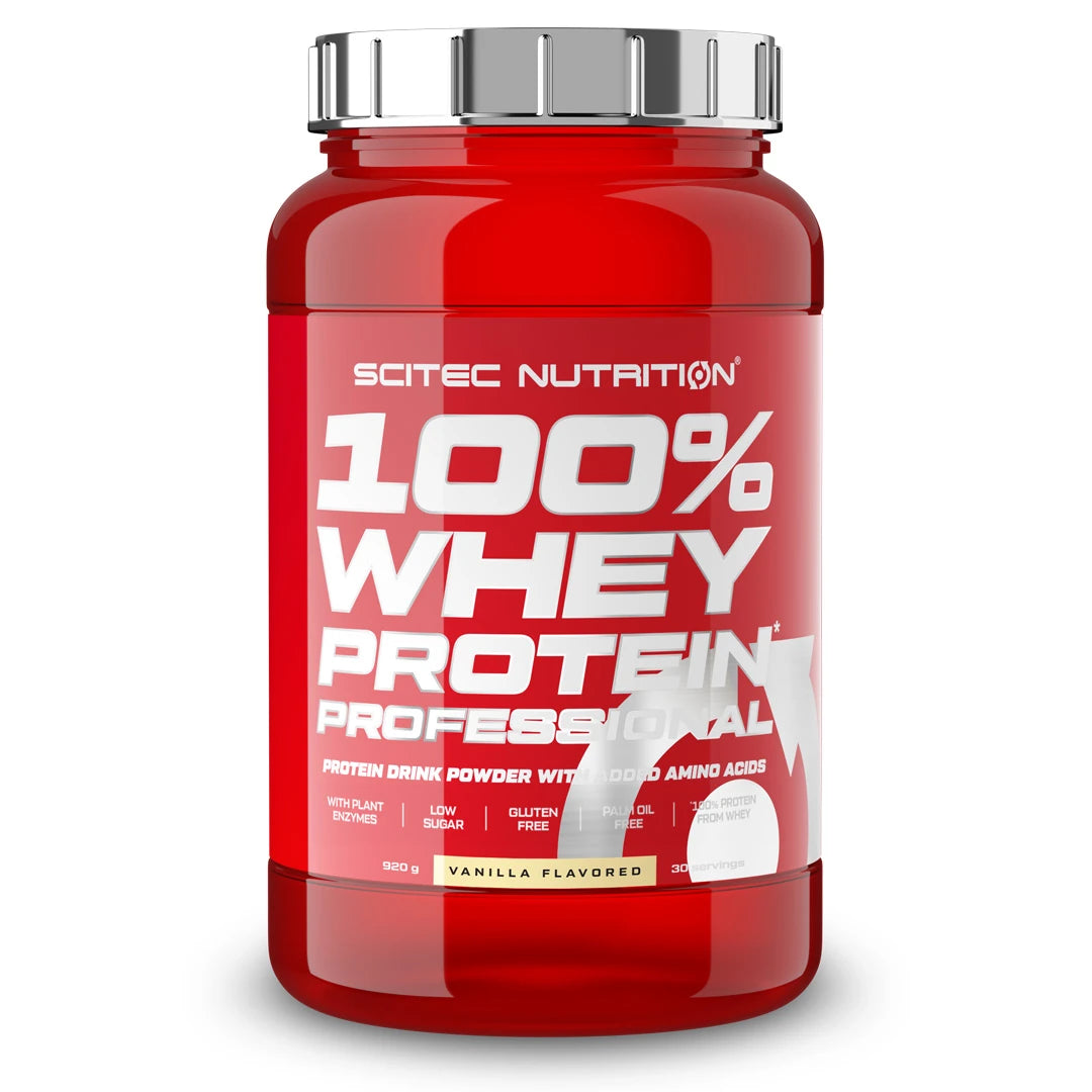 Scitec Nutrition 100% Whey Protein Professional 920 g proteinpulver i en rød boks med sølvfarget lokk og smaken Vanilla.