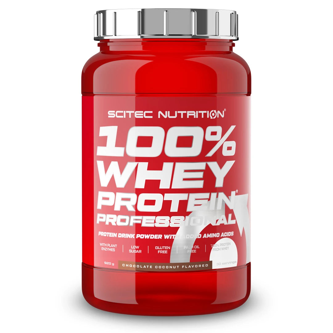 Scitec Nutrition 100% Whey Protein Professional 920 g proteinpulver i en rød boks med sølvlokk og smaken Chocolate Coconut., bilde 2 av 5