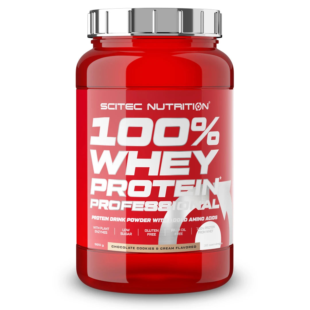Scitec Nutrition 100% Whey Protein Professional 920 g proteinpulver i en rød boks med sølvlokk for smaken Chocolate Cookies &amp; Cream., bilde 4 av 5