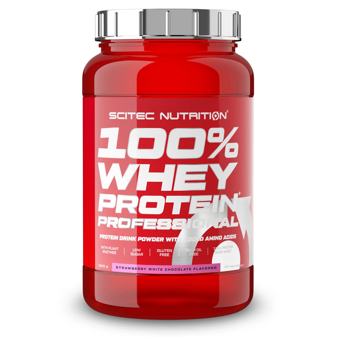 Scitec Nutrition 100% Whey Protein Professional 920 g proteinpulver i en rød boks med sølvlokk for smaken Strawberry White Chocolate., bilde 5 av 5