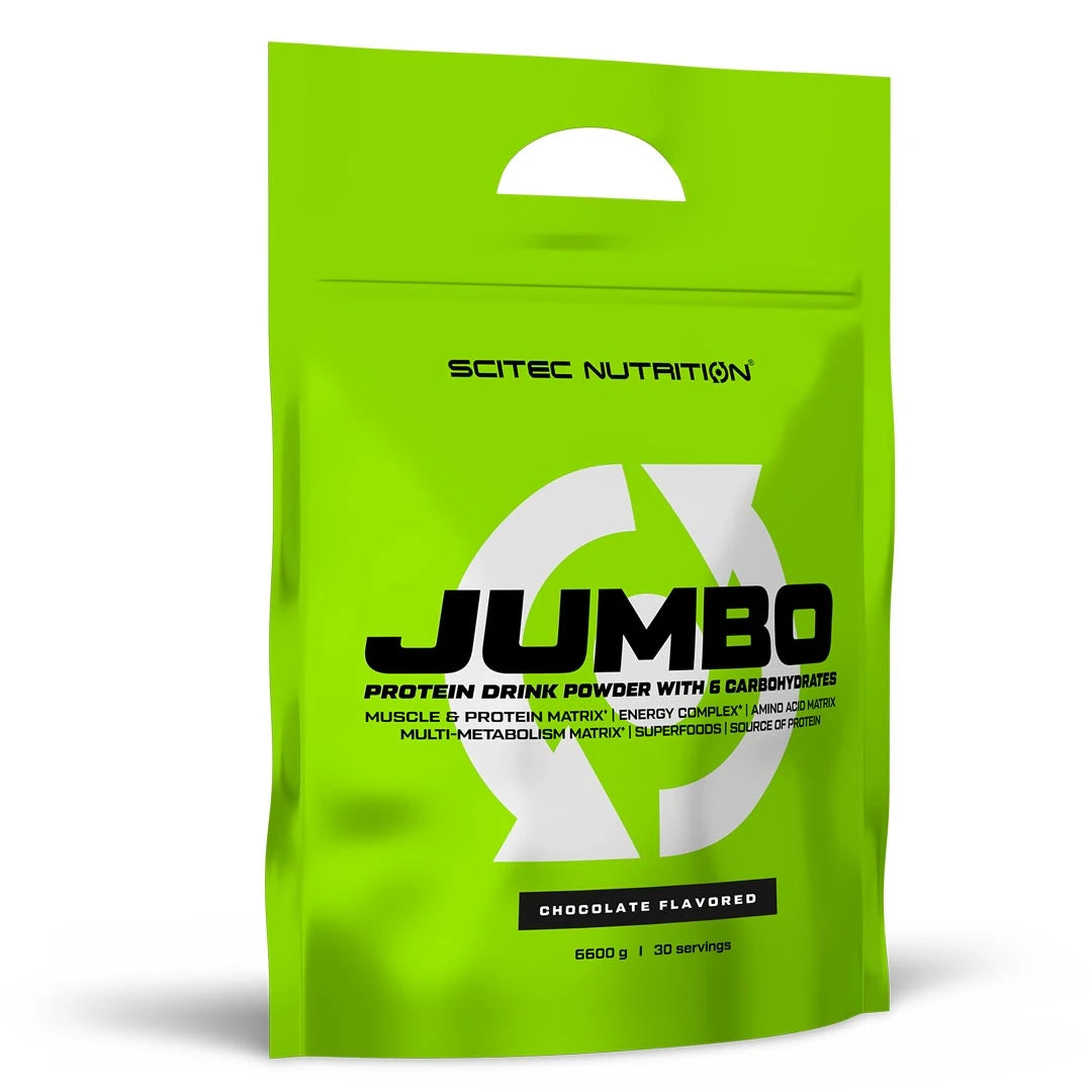Scitec Nutrition Jumbo 6,6 kg gainer i en lysegrønn pose med svarte detaljer for smaken sjokolade., bilde 1 av 3