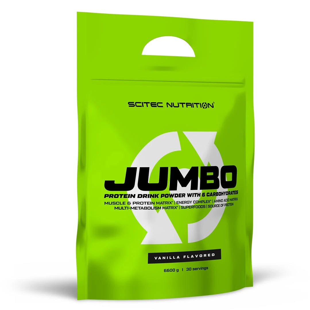 Scitec Nutrition Jumbo 6.6 kg gainer i en stor lysegrønn pose med vaniljesmak., bilde 2 av 3
