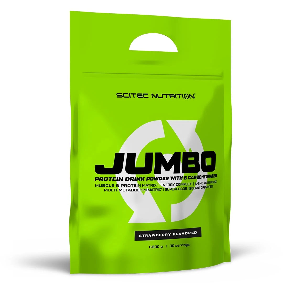 Scitec Nutrition Jumbo 6,6 kg gainer i en knallgrønn pose for smaken Strawberry., bilde 3 av 3