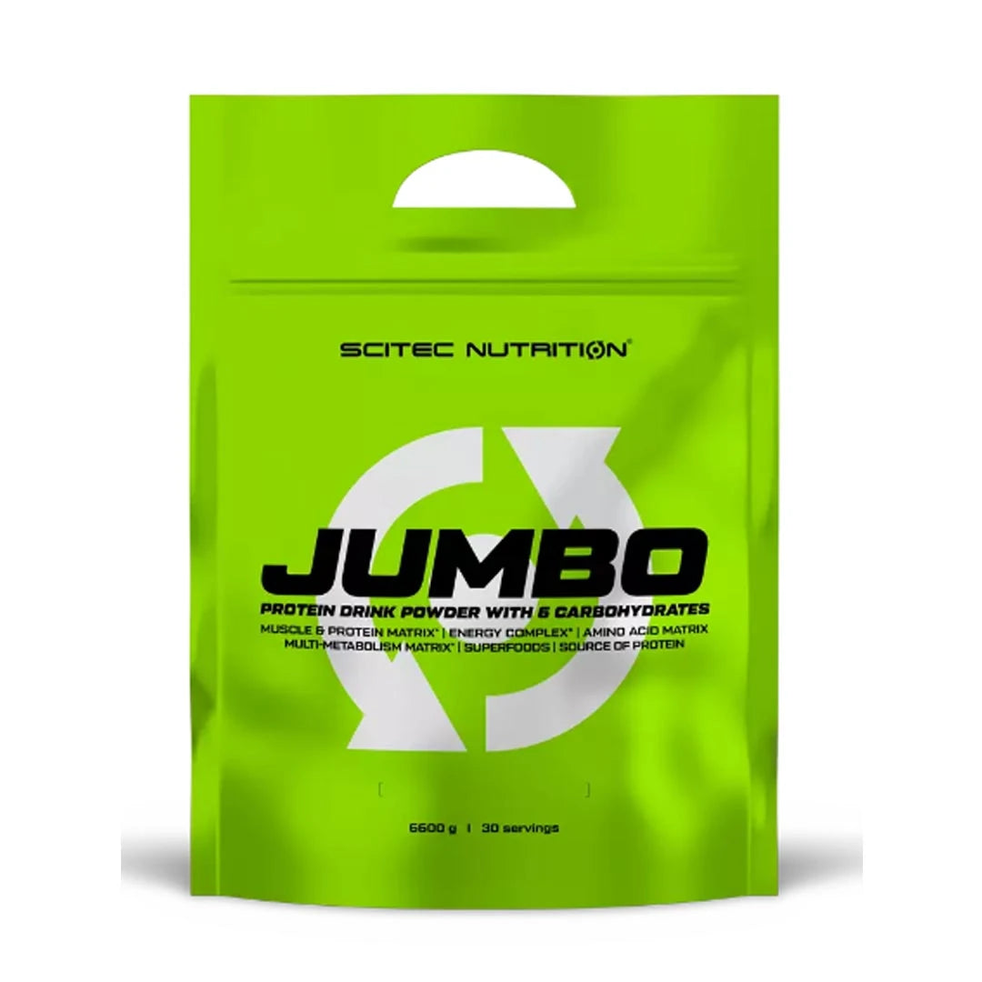 Scitec Nutrition Jumbo 6.6 kg gainer i pulverform pakket i en limegrønn pose med svarte og hvite detaljer.