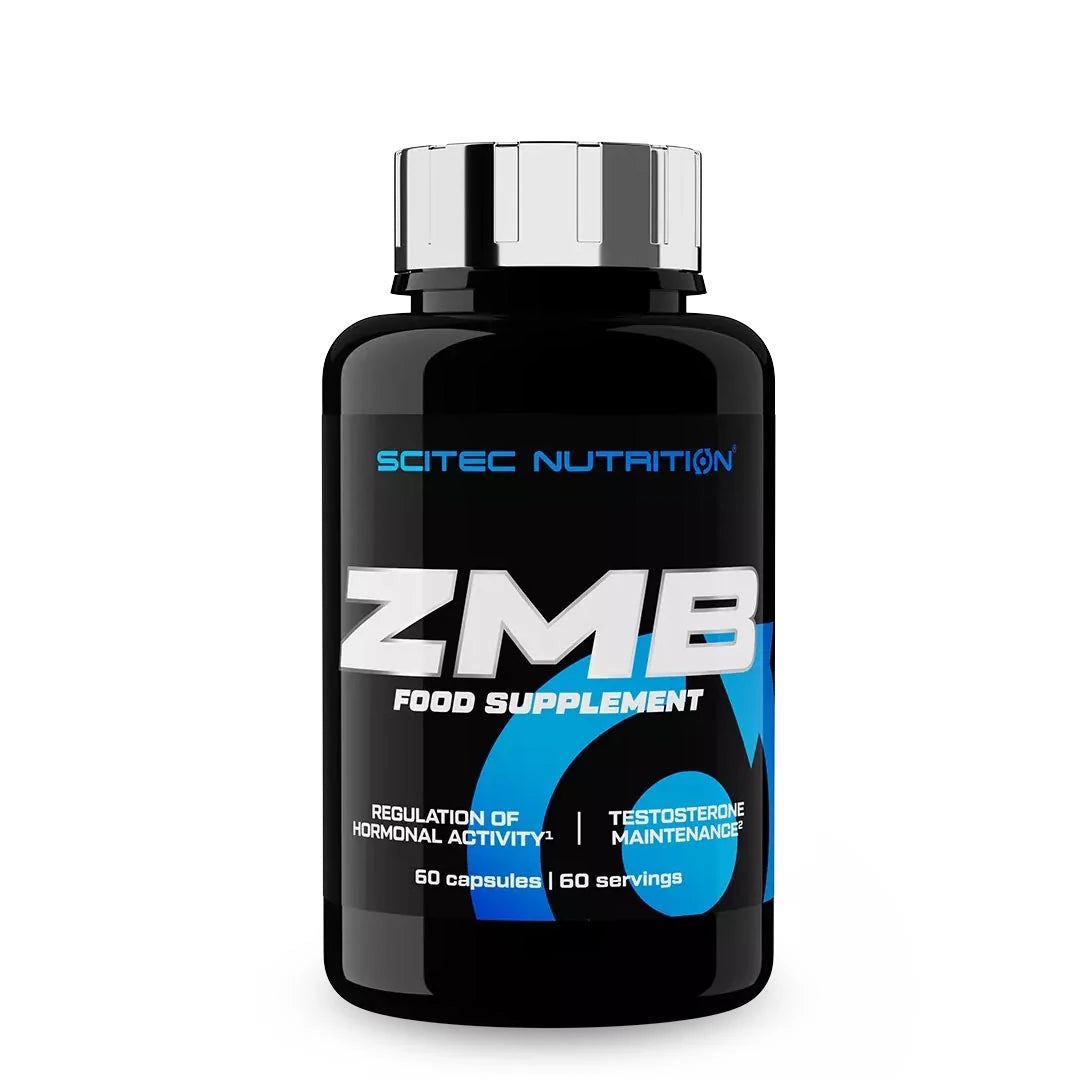 Scitec Nutrition ZMB6 60 caps kosttilskudd i en svart boks med blå og hvite detaljer og sølvfarget lokk.