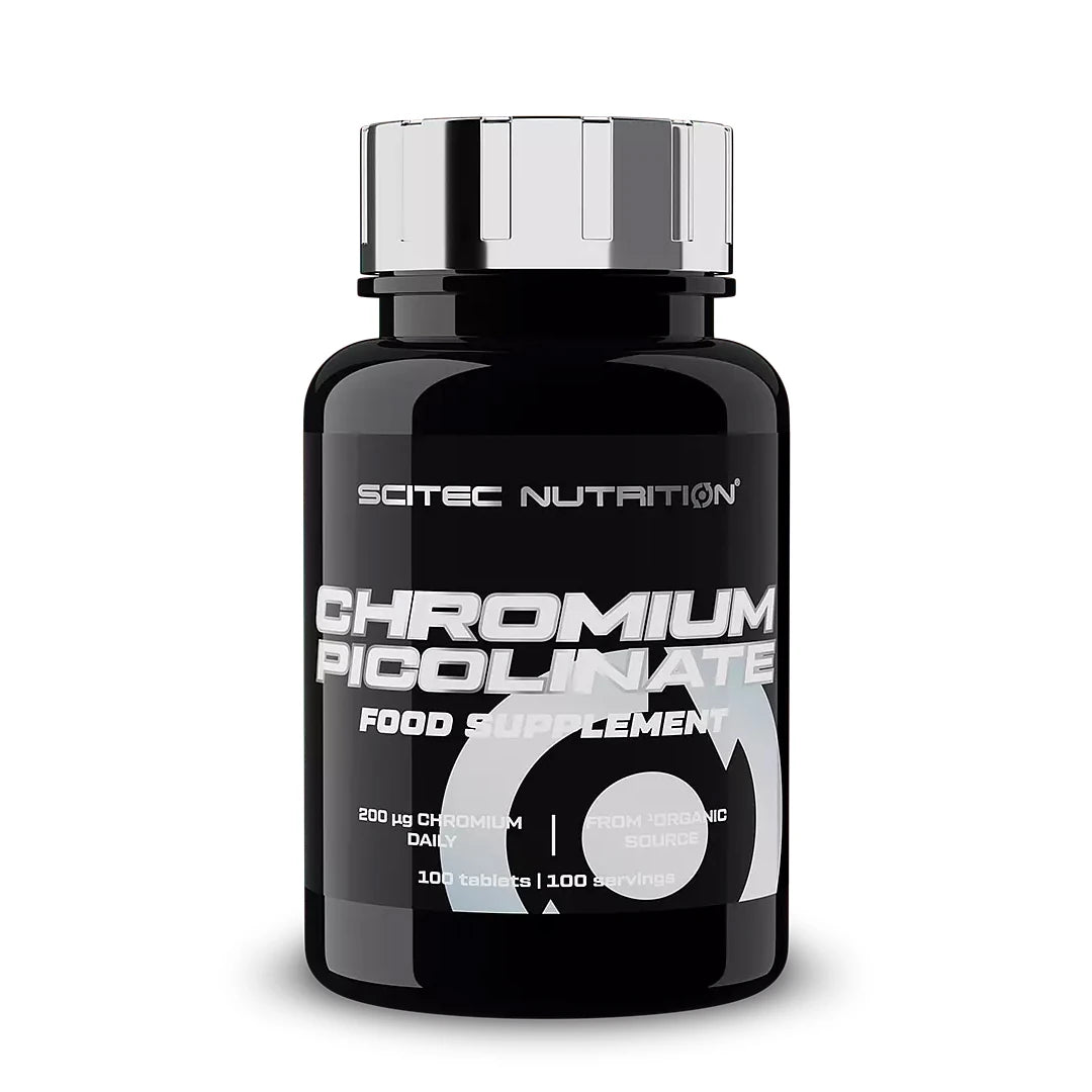 Scitec Nutrition Chromium Picolinate 100 tabs kosttilskudd i en svart plastboks med sølvlokk.