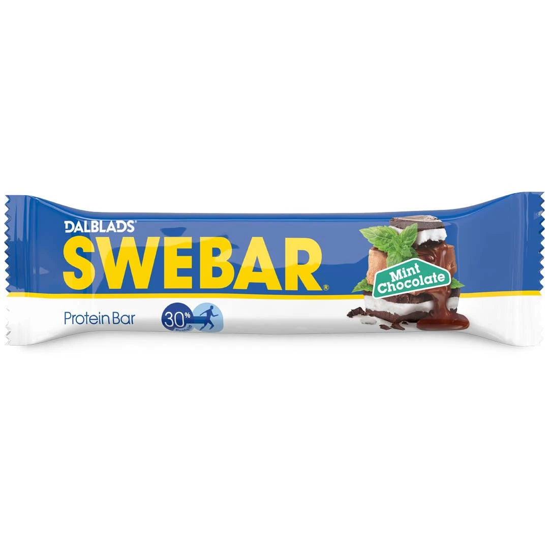 Dalblads Swebar 55 g proteinbar i en blå og hvit forpakning med gul tekst for smaken Mint Chocolate., bilde 2 av 6