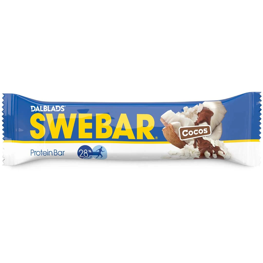 Dalblads Swebar 55 g proteinbar i en blå og hvit emballasje med gule detaljer for smaken Cocos., bilde 5 av 6