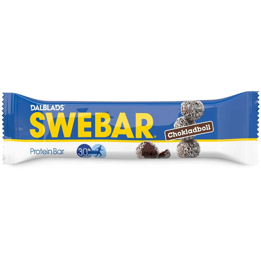 Dalblads Swebar 55 g proteinbar i en blå og hvit forpakning med gule detaljer for smaken sjokoladebolle., bilde 6 av 6