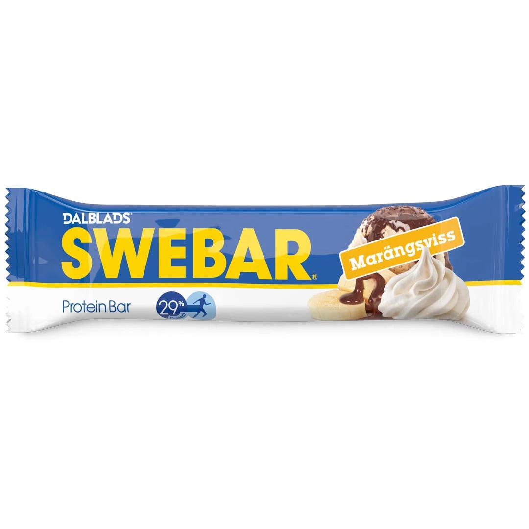 Dalblads Swebar 55 g proteinbar i en blå og hvit forpakning med smaken Marängsviss.