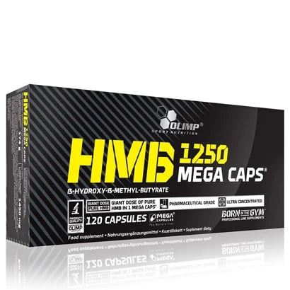 Olimp HMB Mega caps 120 caps kosttilskudd i en svart kartong med gule og hvite tekstdetaljer.