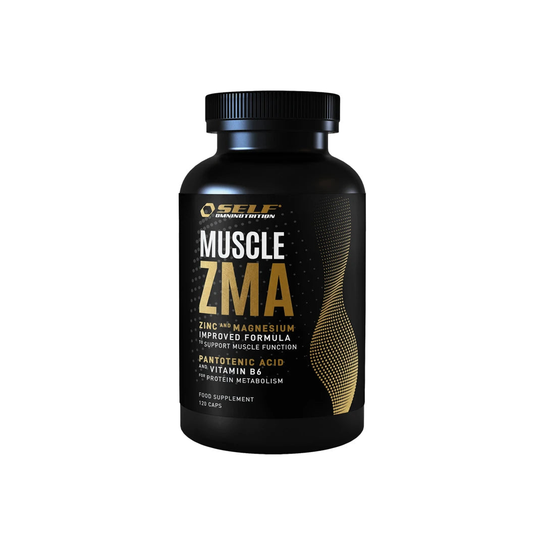 Svart plastboks med gullfargede og hvite detaljer for kosttilskuddet Self Omninutrition Muscle ZMA 120 caps.