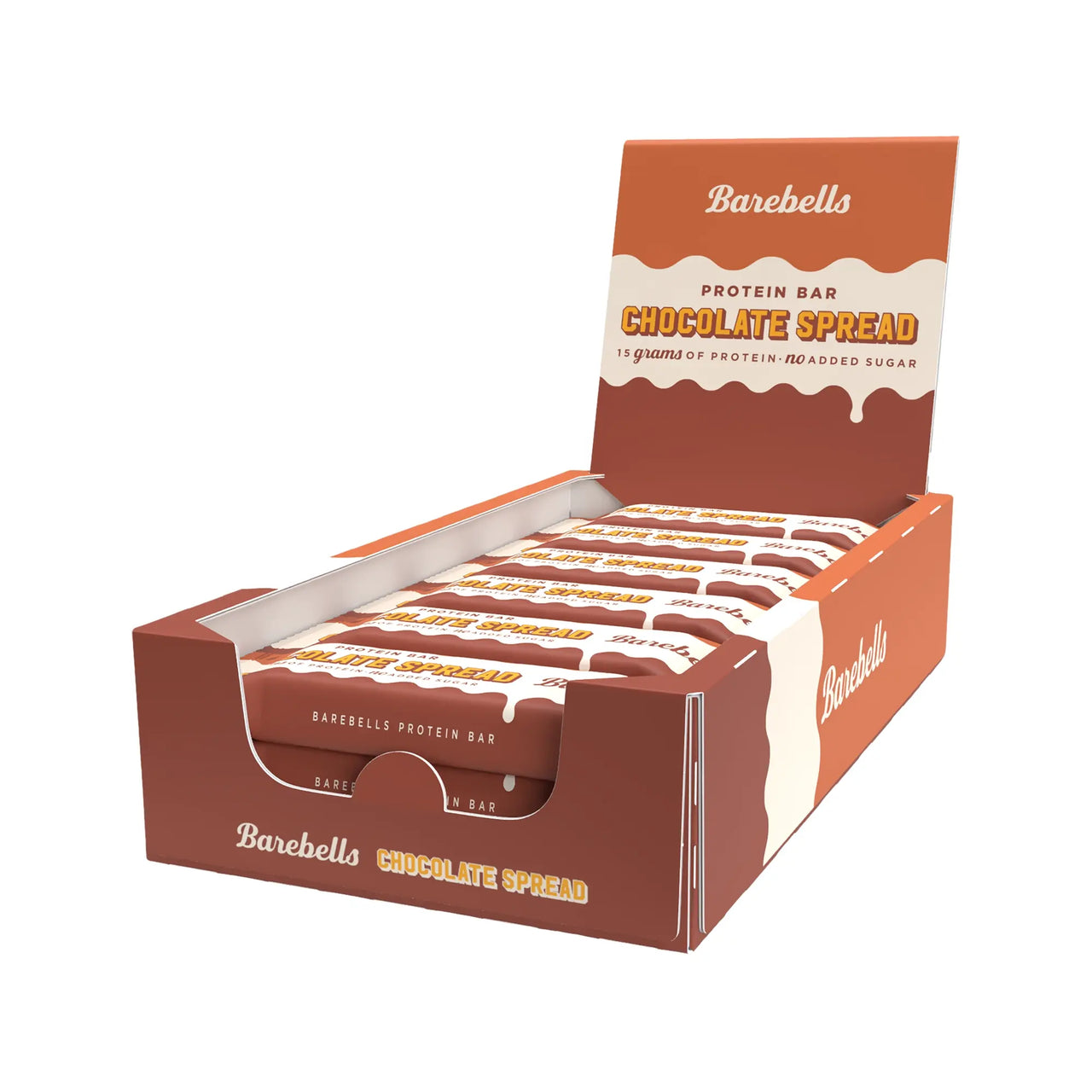 Barebells Protein Bar Spread 45 g Chocolate Spread i en brun og oransje displaykartong med 12 proteinbarer.