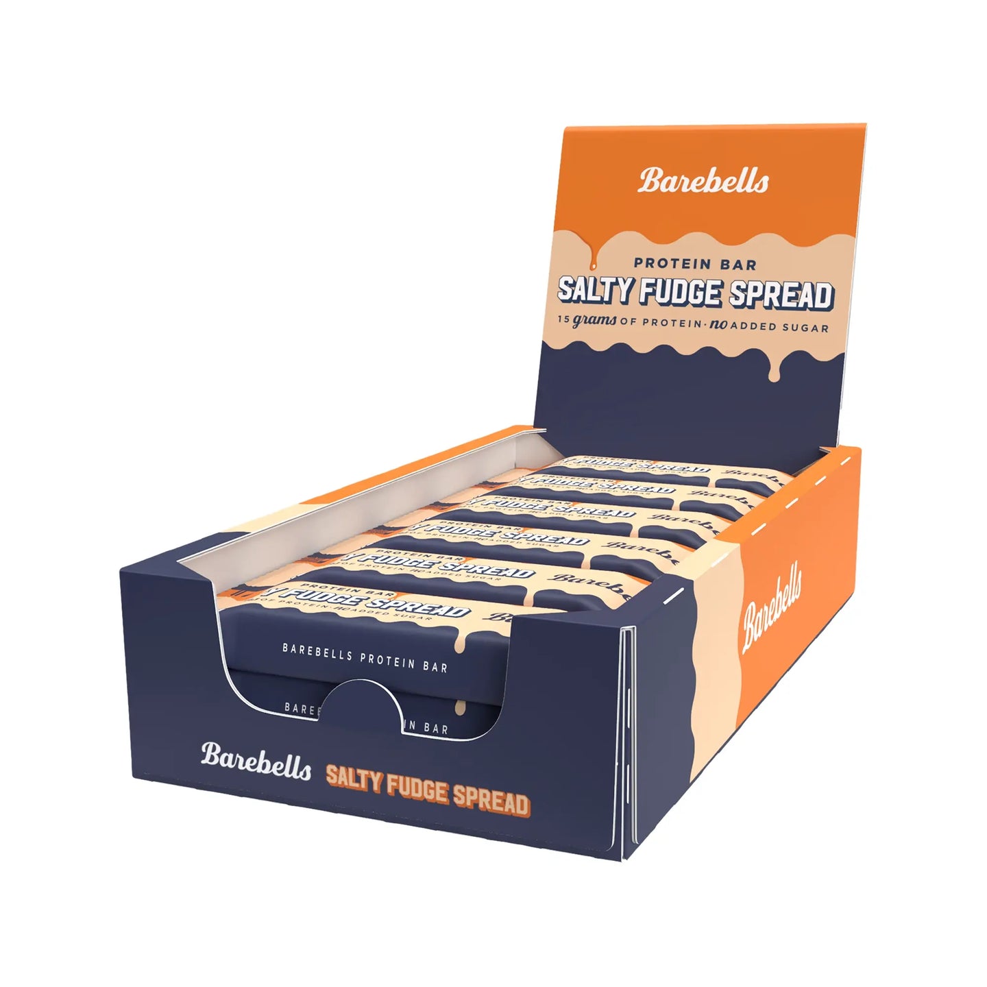 Barebells Protein Bar Spread 45 g Salty Fudge Spread 12-pack i en mørkeblå og oransje displaykartong., bilde 1 av 1
