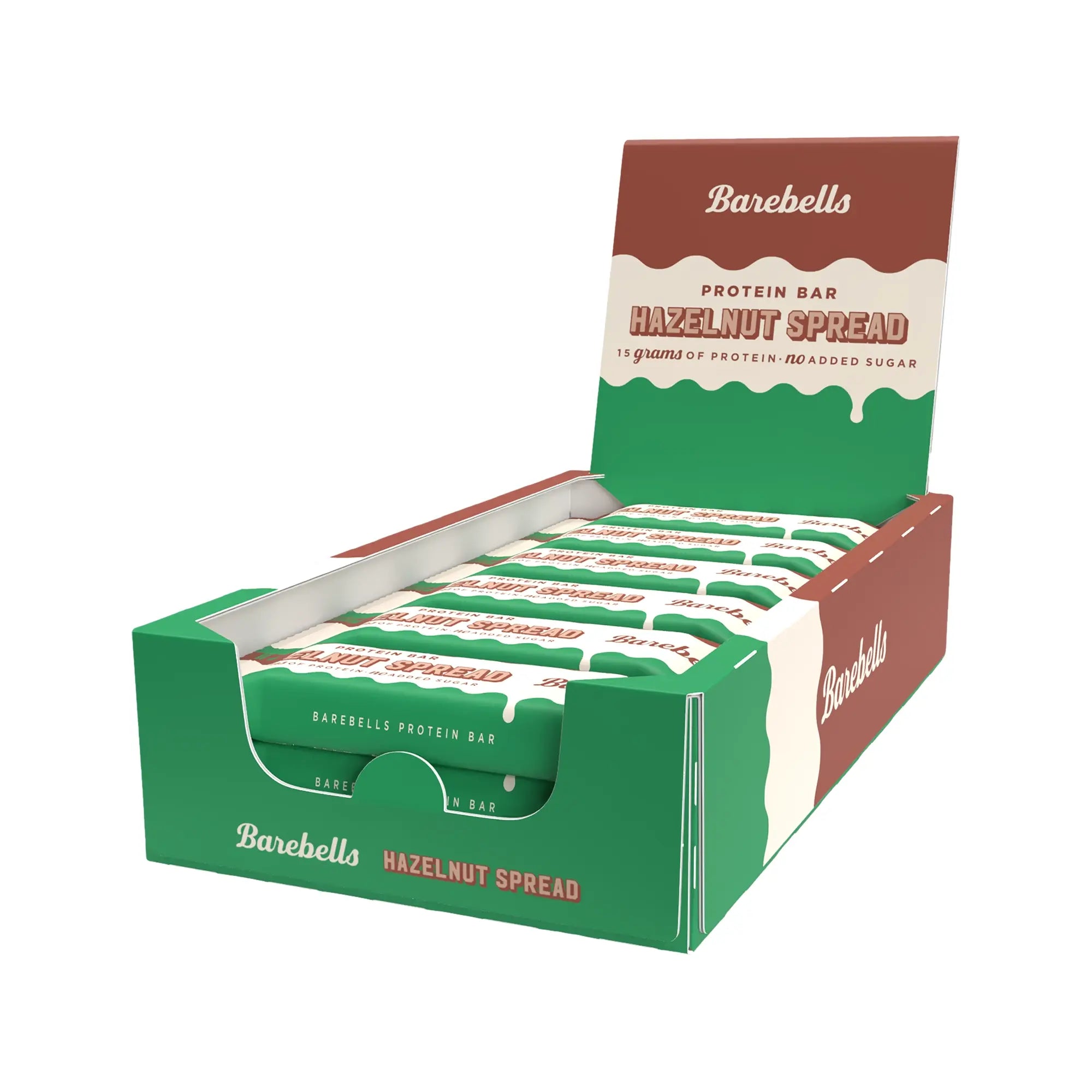 12 x Barebells Protein Bar Spread 45 g Hazelnut Spread i en grønn og brun displaykartong., bilde 1 av 1
