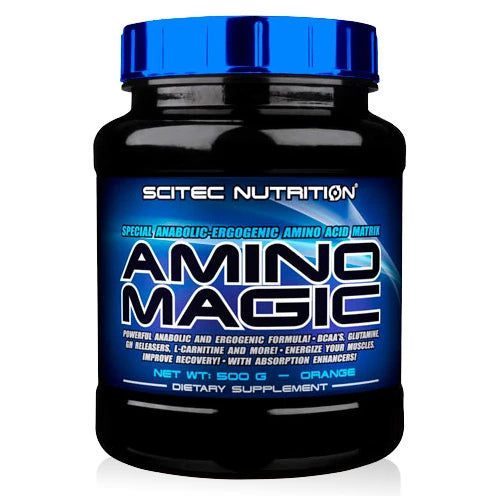Scitec Nutrition Amino Magic 500 g aminosyrepulver i en svart boks med blått lokk og etikett for smaken Orange.