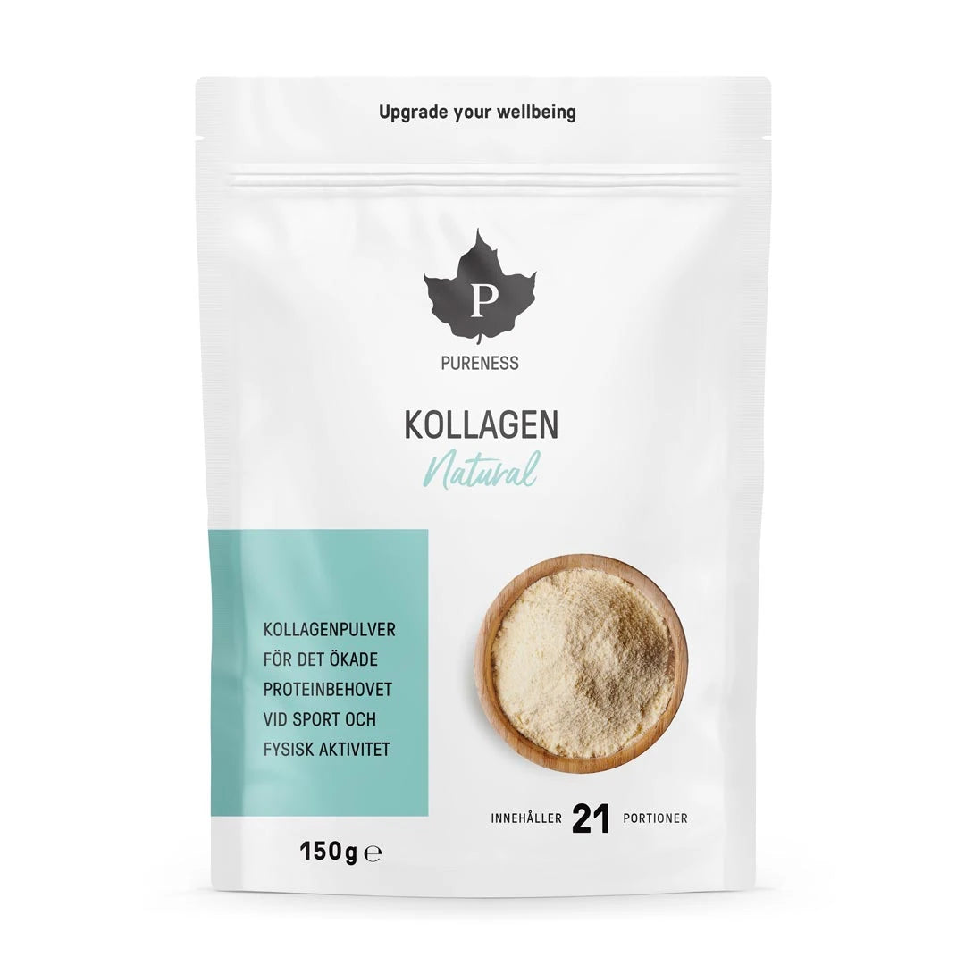 Pureness Kollagen Natural 150 g er et kollagenpulver med nøytral smak i en hvit pose med lyseblå detaljer.