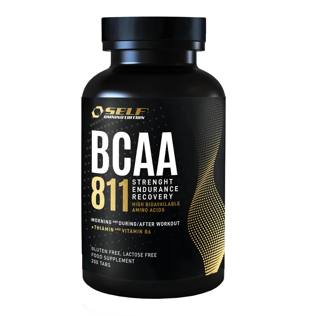 Svart boks med Self Omninutrition Essential BCAA 811 200 tabs kosttilskudd, med hvite bokstaver og gulldetaljer.