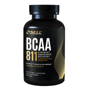Svart burk med Self Omninutrition Essential BCAA 811 200 tabs kosttillskott, vita bokstäver och gulddetaljer.