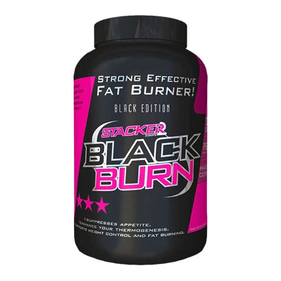 Svart boks med rosa og sølvfargede detaljer av fettforbrenneren Stacker2 Black Burn 120 caps.