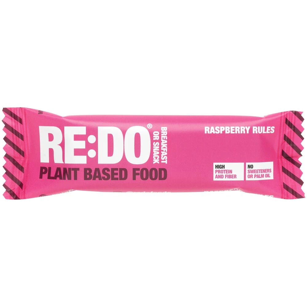 REDO Bar 60 g vegansk proteinbar i en rosa forpakning for smaken Raspberry Rules.