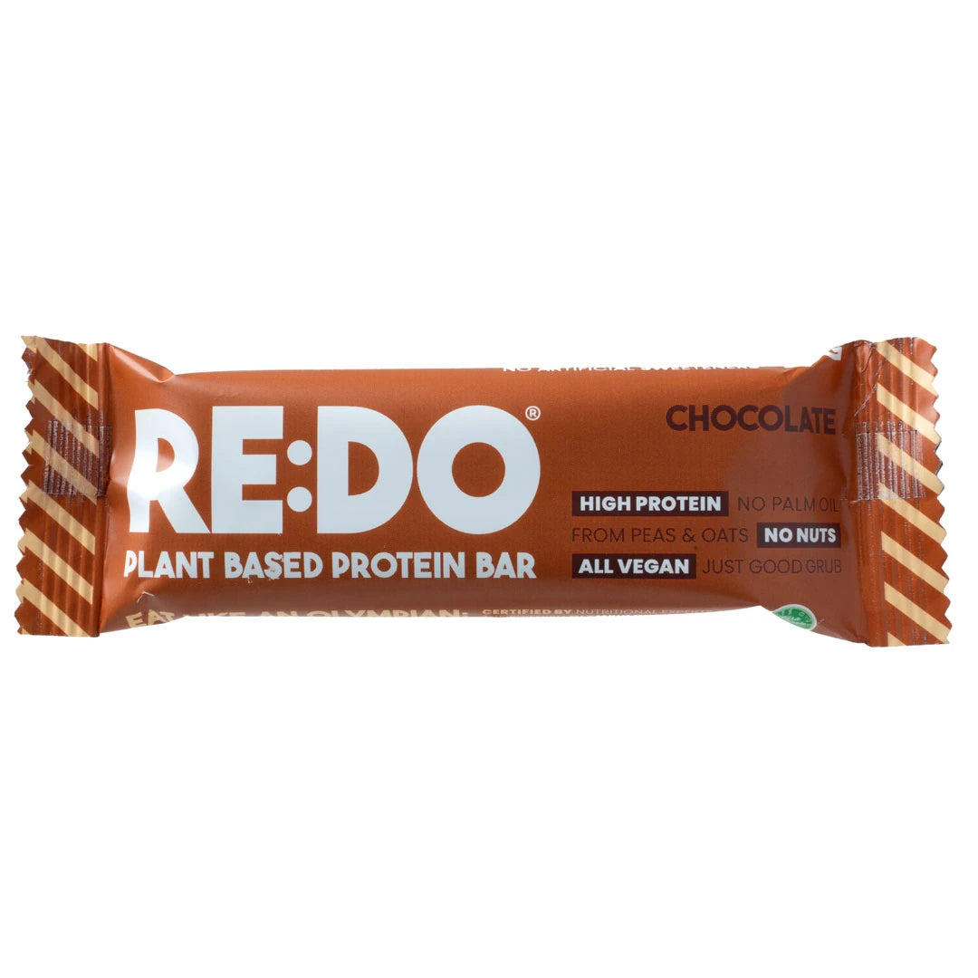 RE:DO Bar 60 g vegansk proteinbar i smaken Chocolate, pakket i et brunt omslag med hvit tekst.